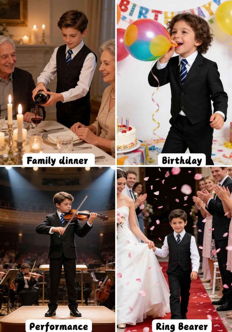 Visaccy Suit for Boys Kids Suits Slim Fit Tuxedo Blazer Vest Pants Shirt and Tie Black Size 10 - Image 5